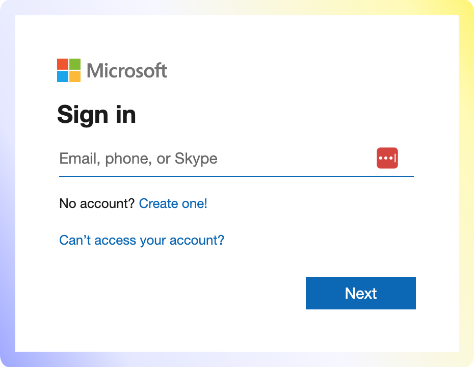 Azure modal to sign into your account