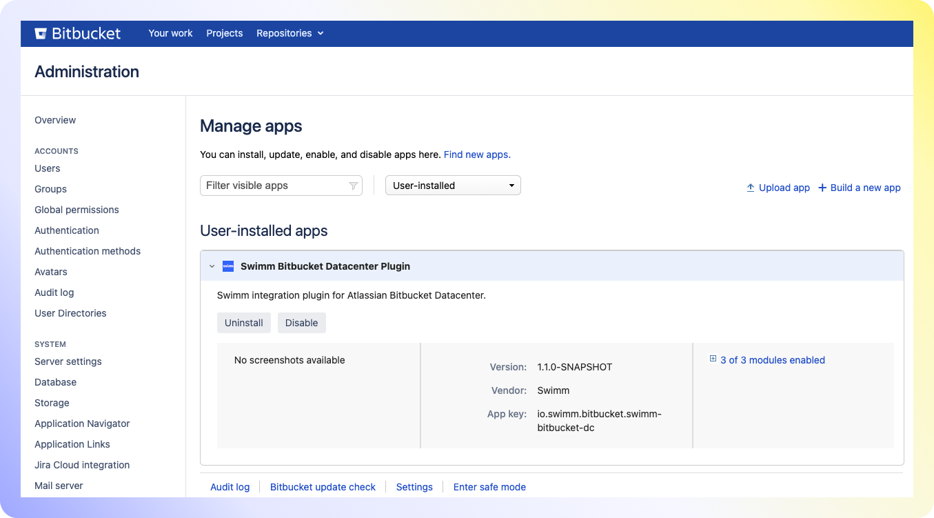 Bitbucket Data Center Step 3 (manual) - Verify Install of Swimm's Plugin