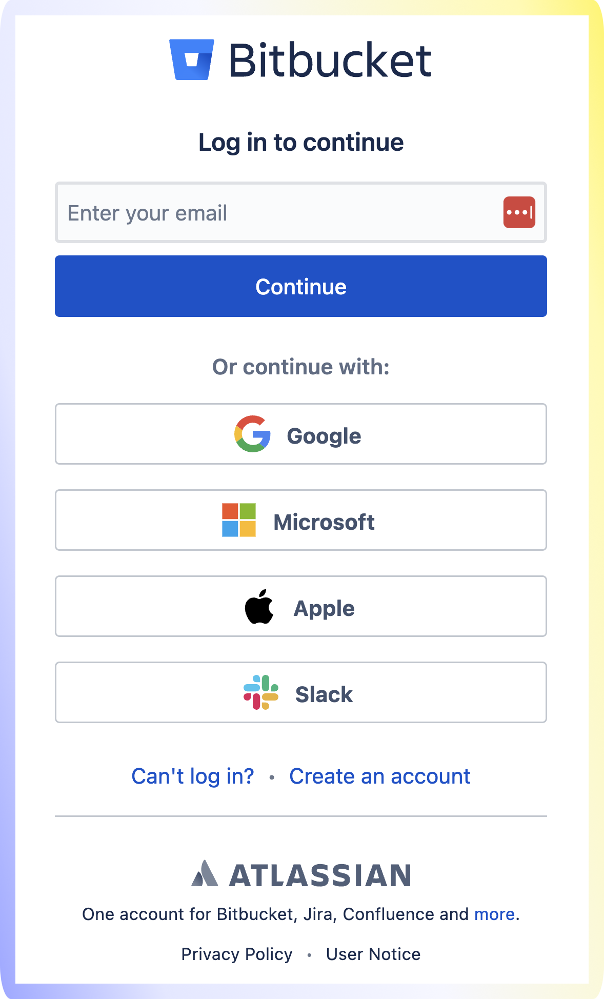 Bitbucket modal to sign into your account
