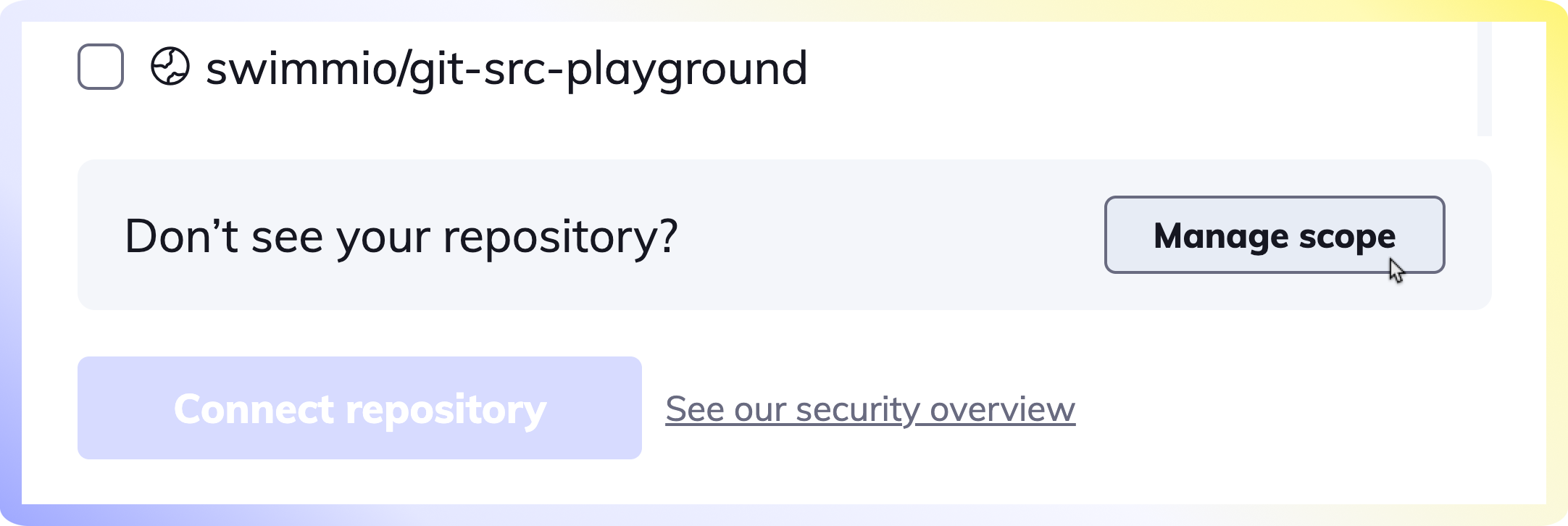 GitHub modal to manage scope of repositories not found