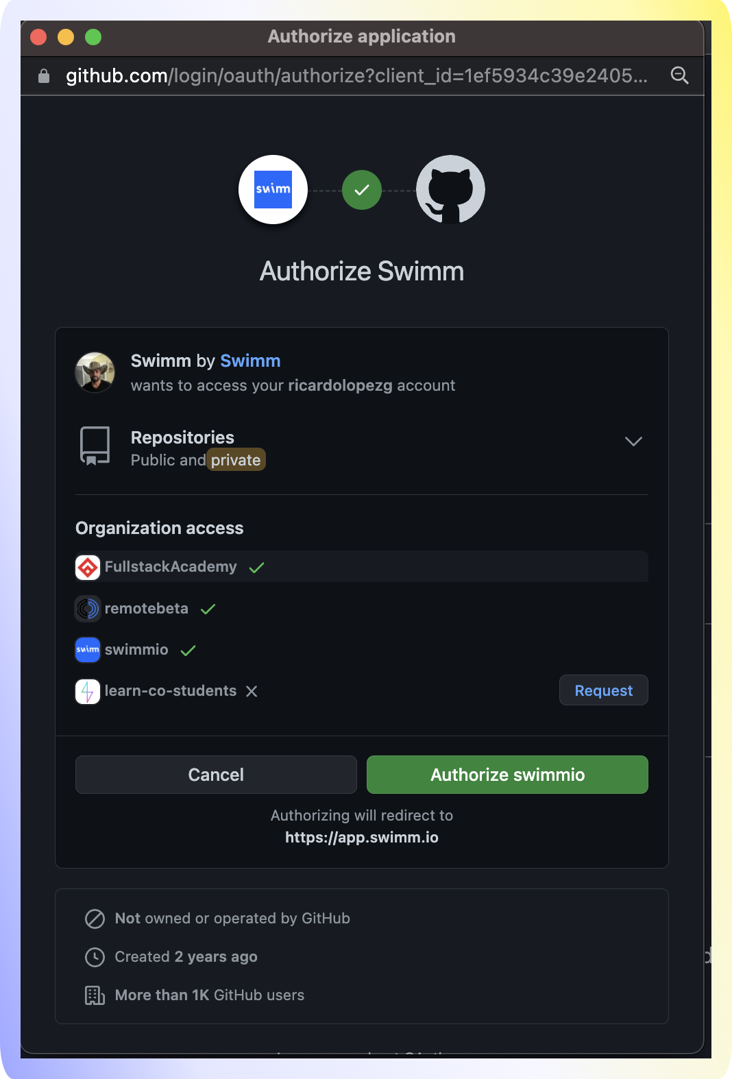 GitHub modal to authorize Swimm within your organization