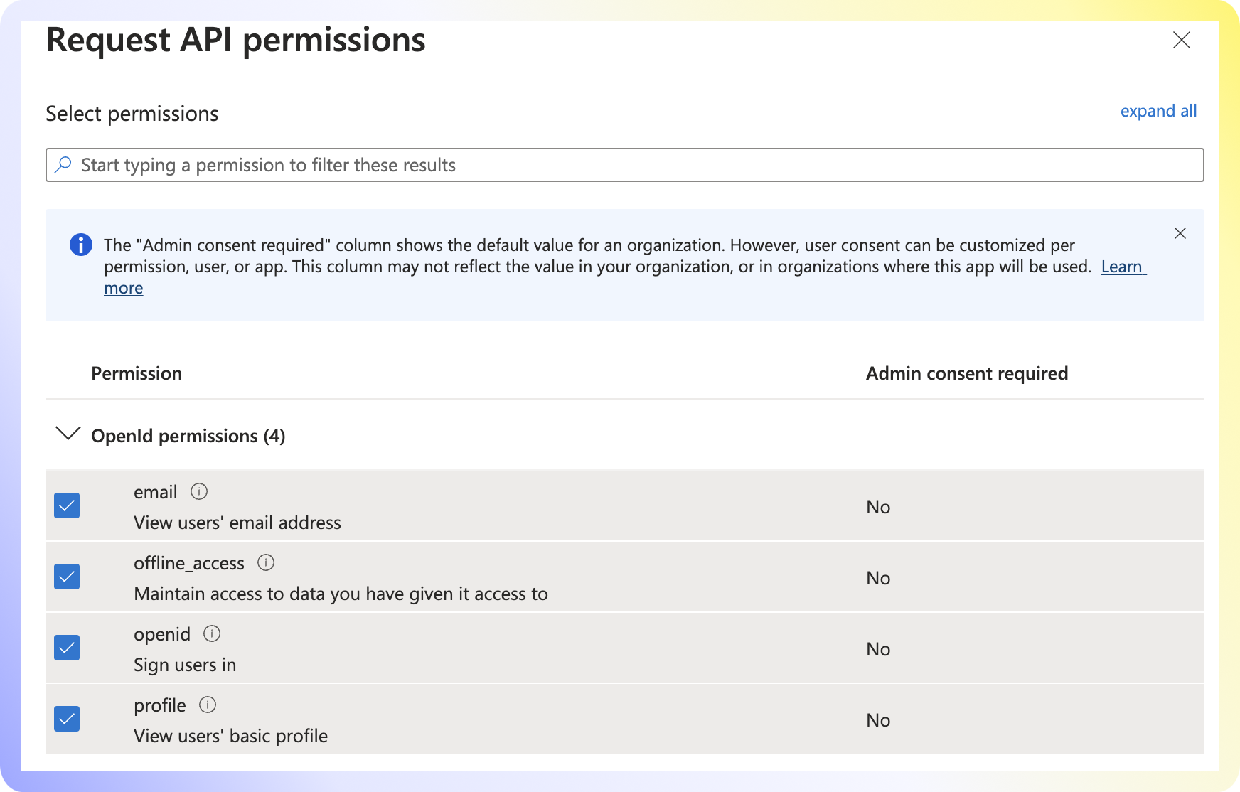 Active Directory Step 5 - Select the four OpenID permissions