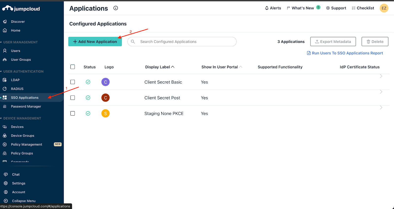 JumpCloud Step 1 - Add new application