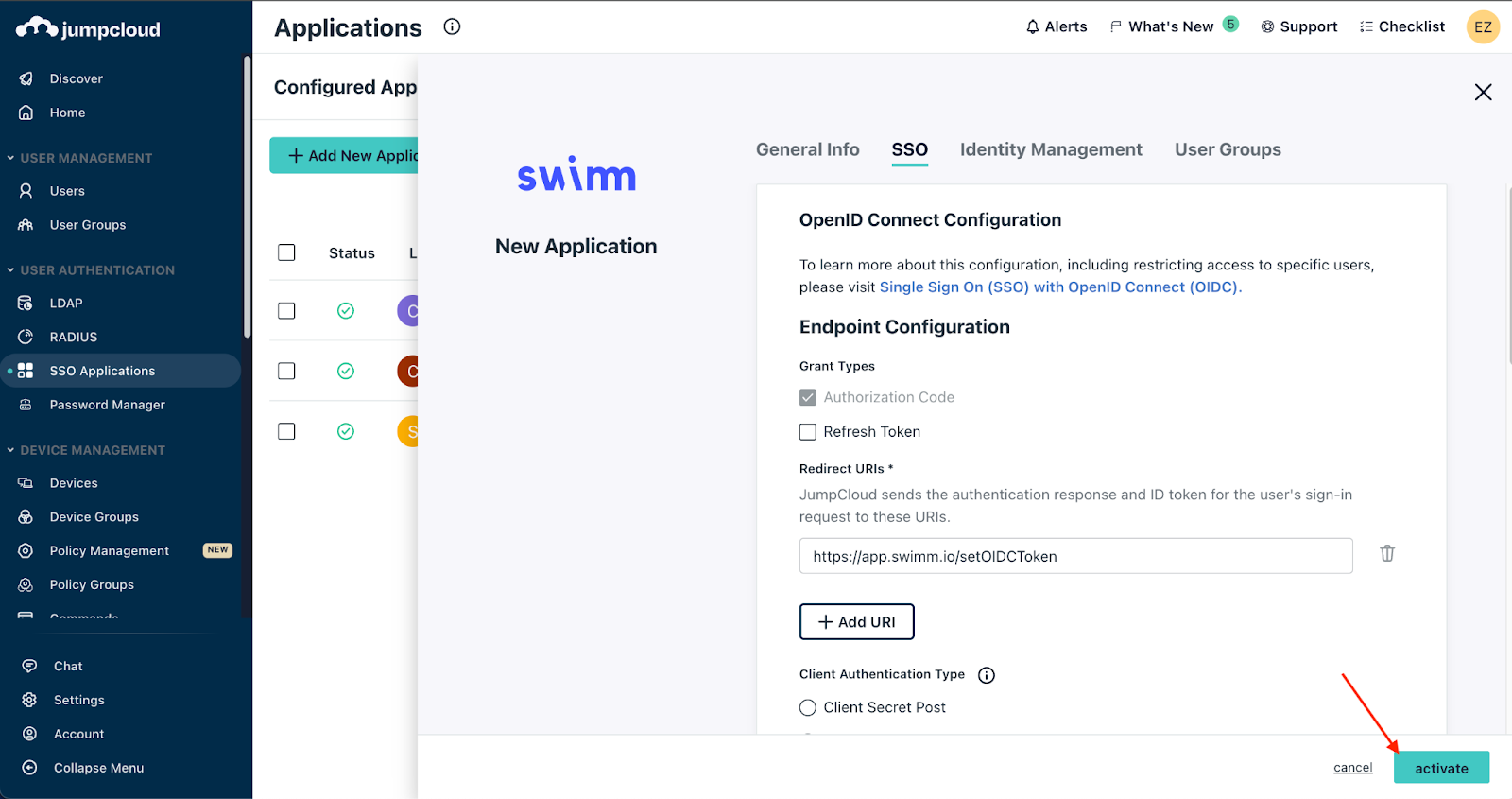 JumpCloud Step 5 - Add permissions to user groups and activate